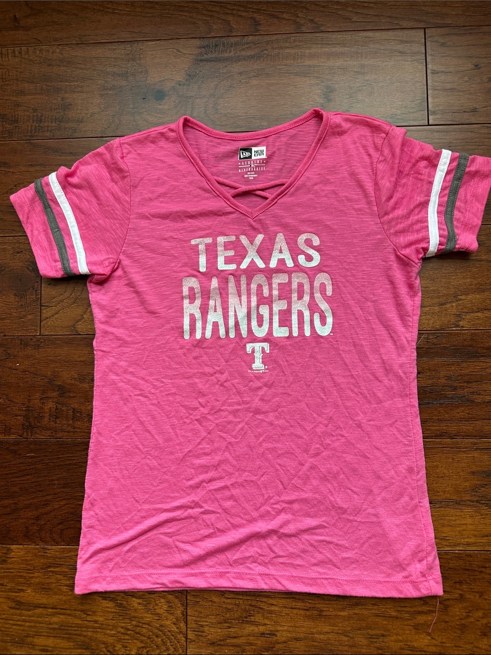 New Era Texas Rangers Pink Short Sleeve Tee with Striped Sleeves